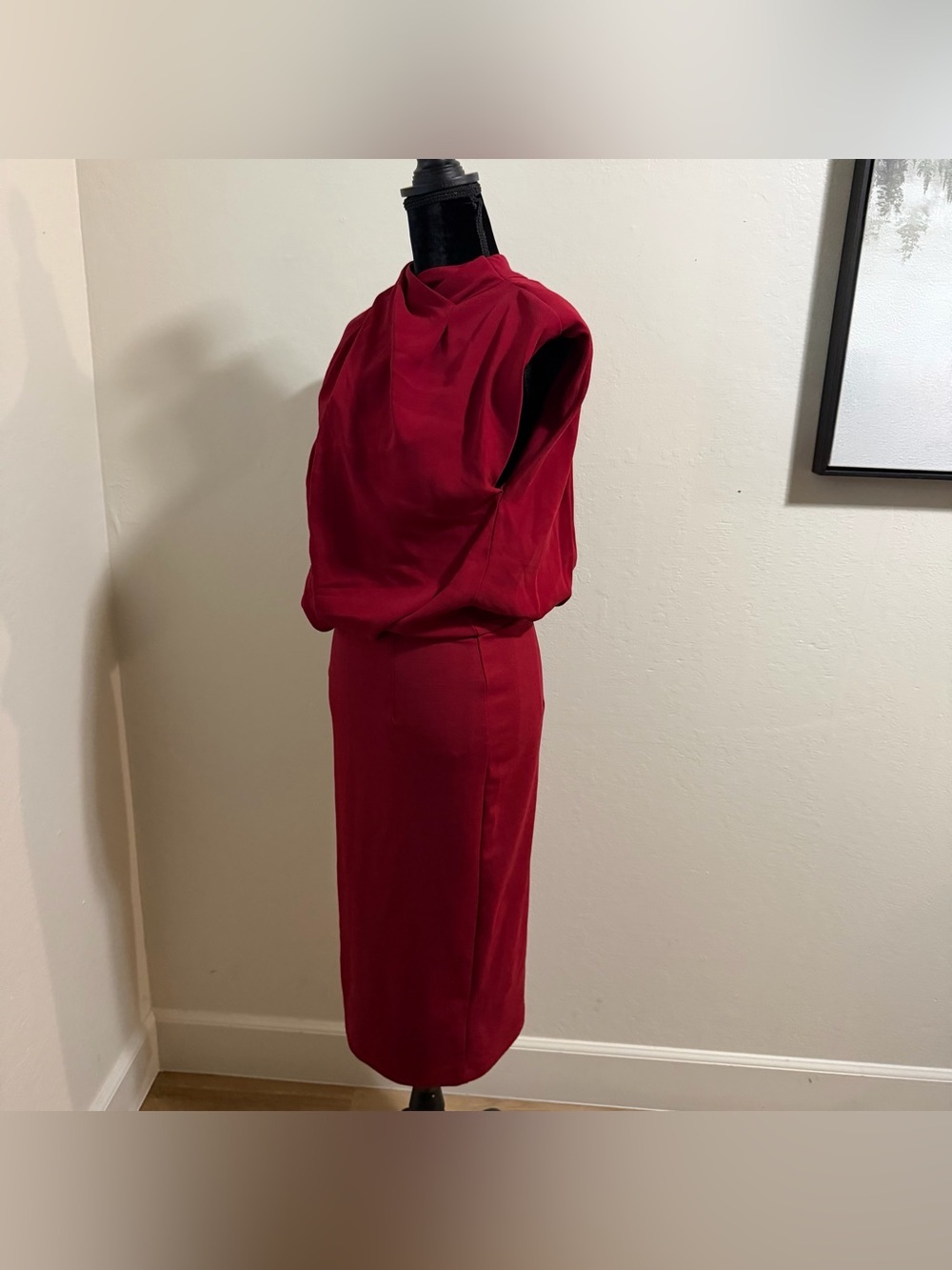 Aliava Maxine Crepe Midi Dress Maroon High Neck Draped Shoulder Bodycon L NWT - Picture 6 of 13